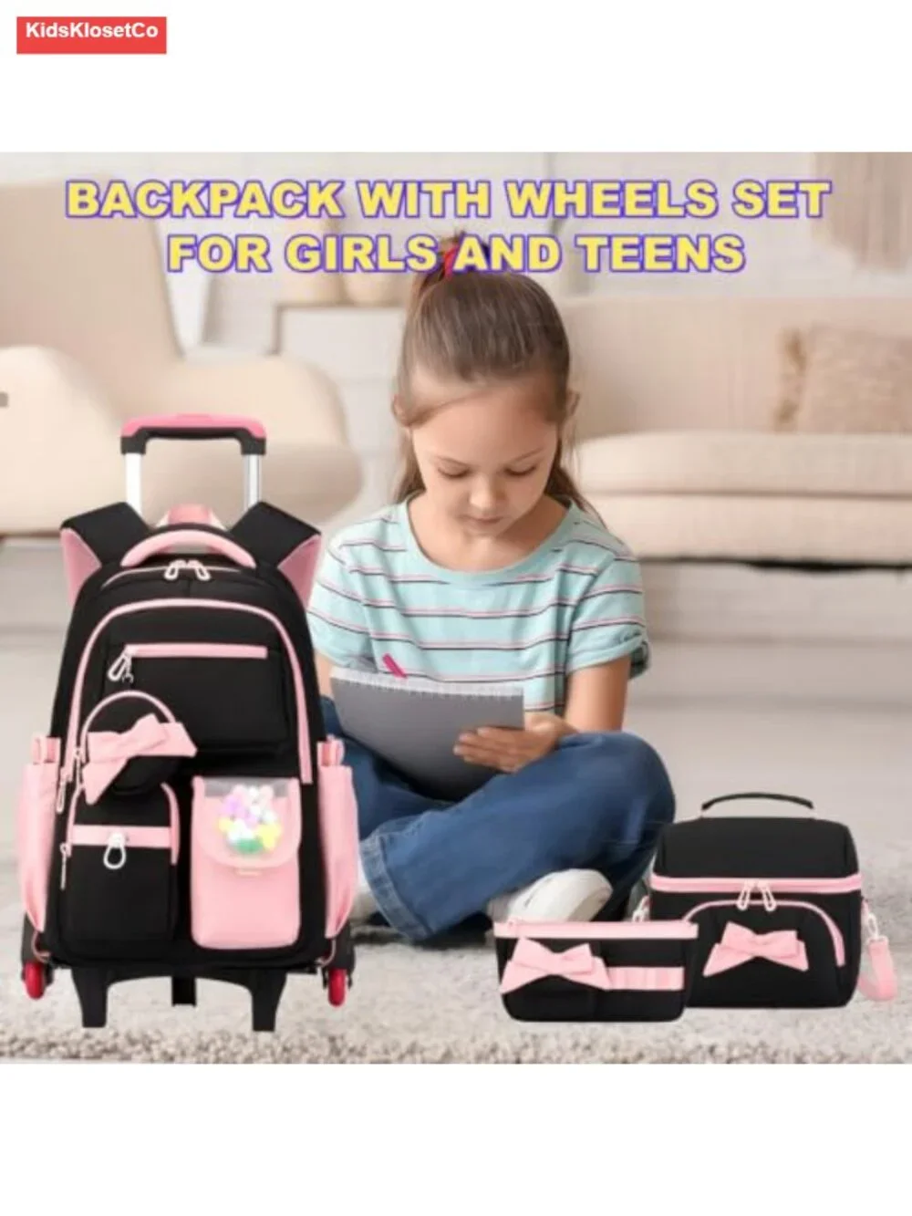 Girls Rolling Backpack with Wheels, Waterproof Nylon Wheeled School Bag with